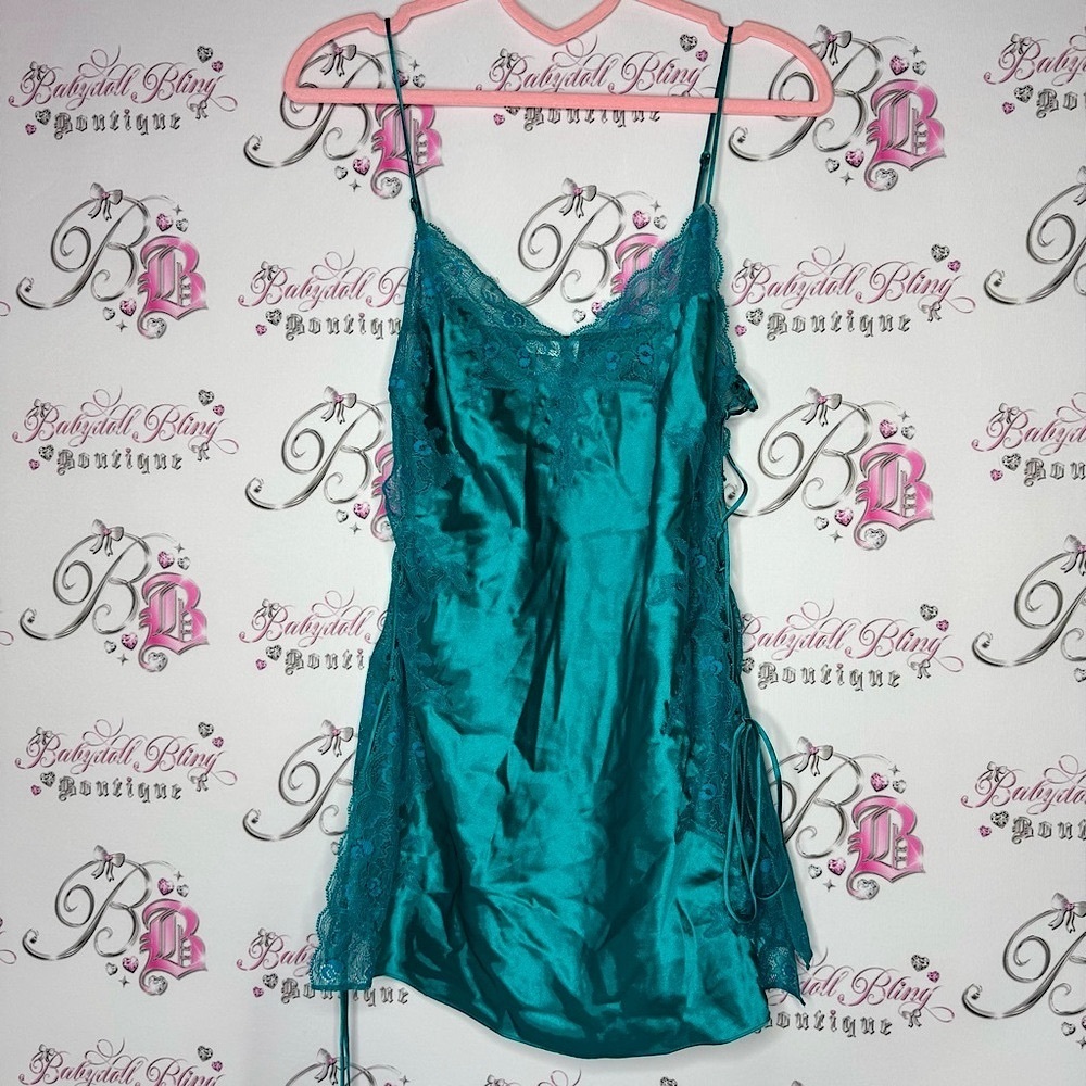 La senza dress babydoll lace corset tie up sides shimmer Teal Satin Chemise